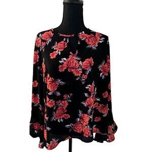 Women's  Keyhole Neckline‎ Flared Sleeve Red Floral Blouse XL Colorful Fairy